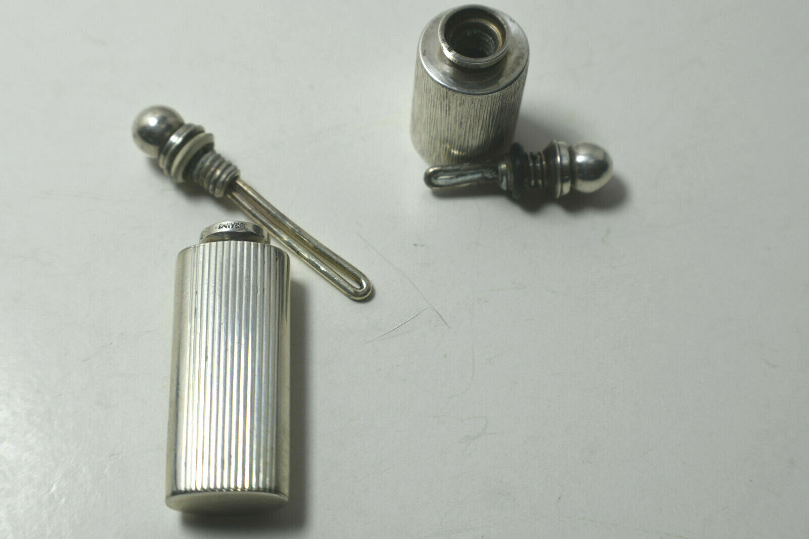 Tiffany & Co. 2 Grooved Mini Perfume Bottles Handbag Size Sterling Silver Rare