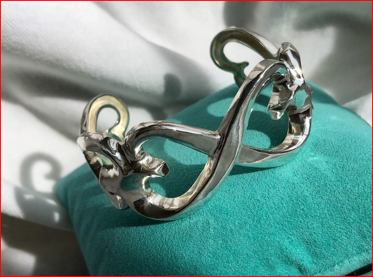Tiffany & Co Double Loving Heart Wide Cuff Bangle Bracelet w/ Pouch, Box