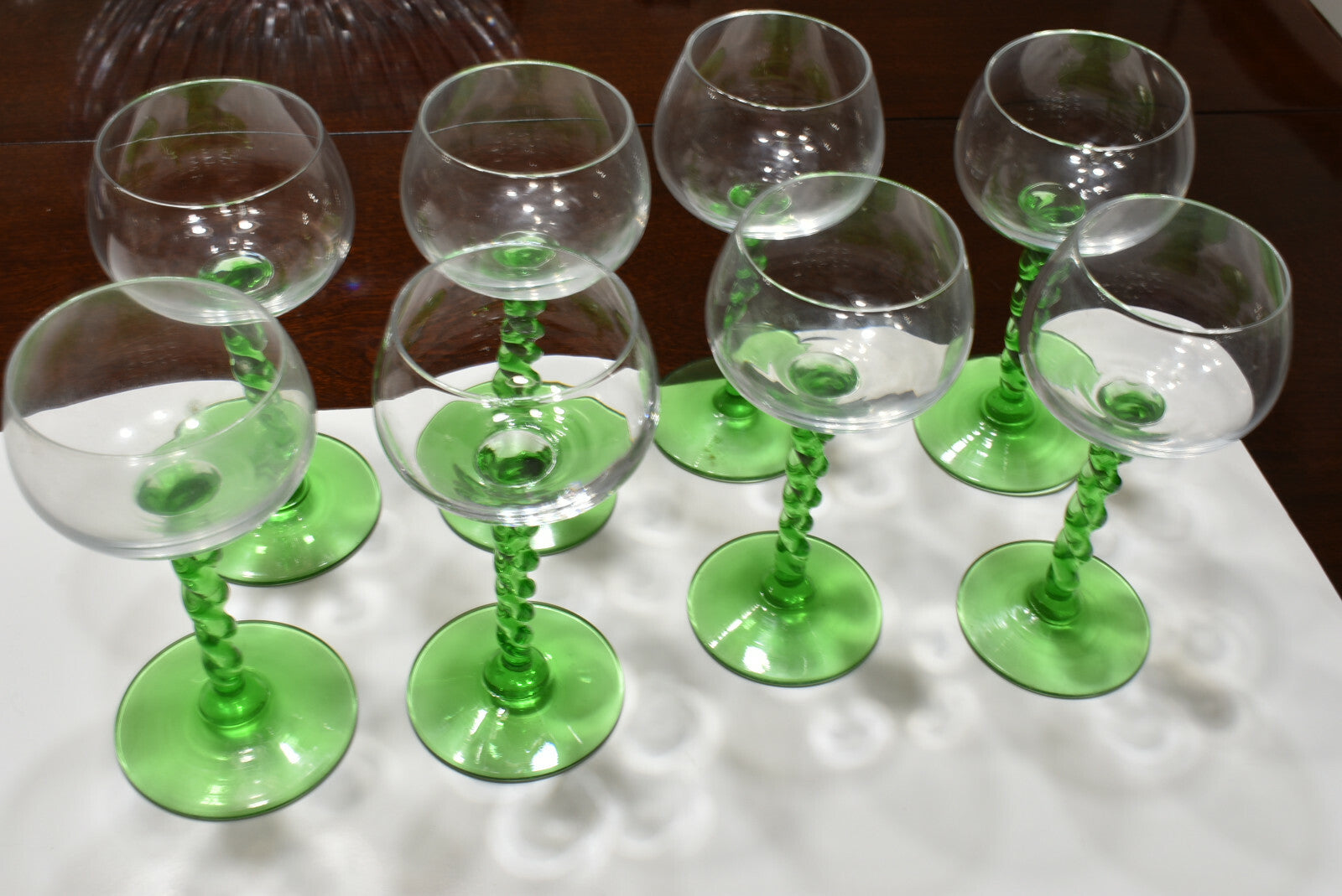 Queen Elizabeth 2 Ocean Cruise Ship 6 Matching Wine Glasses Green Stems- 1967