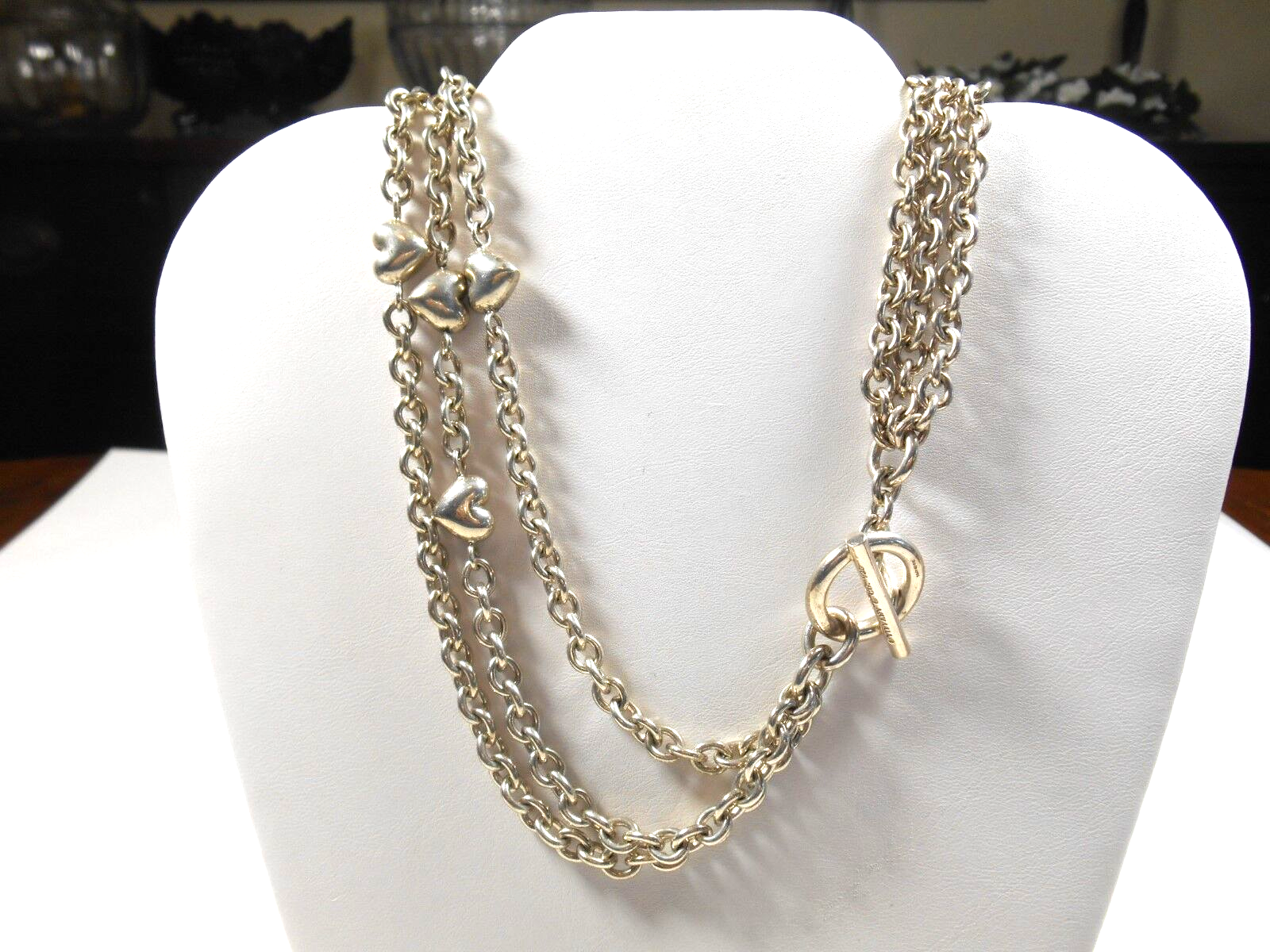 TIFFANY & Co Puffed Heart Multi-Strand Chain Toggle Clasp Bracelet Vintage RARE