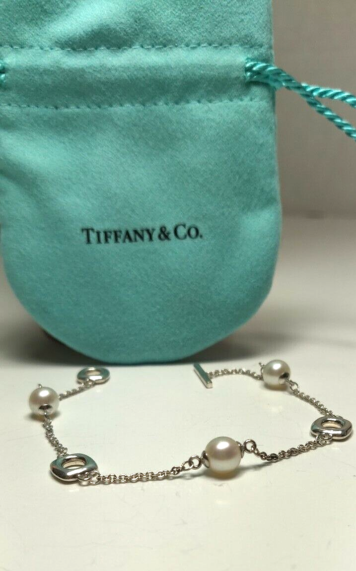 Vintage Tiffany &Co Akoya Pearls Cushion Toggle Silver Bracelet 7" Rare