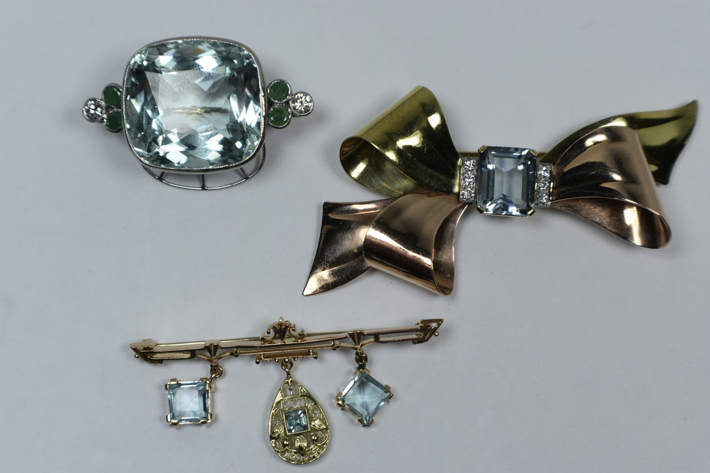 Art Deco Aquamarine Princess Cut Filigree Brooch Pin 14K Gold 2 Tone