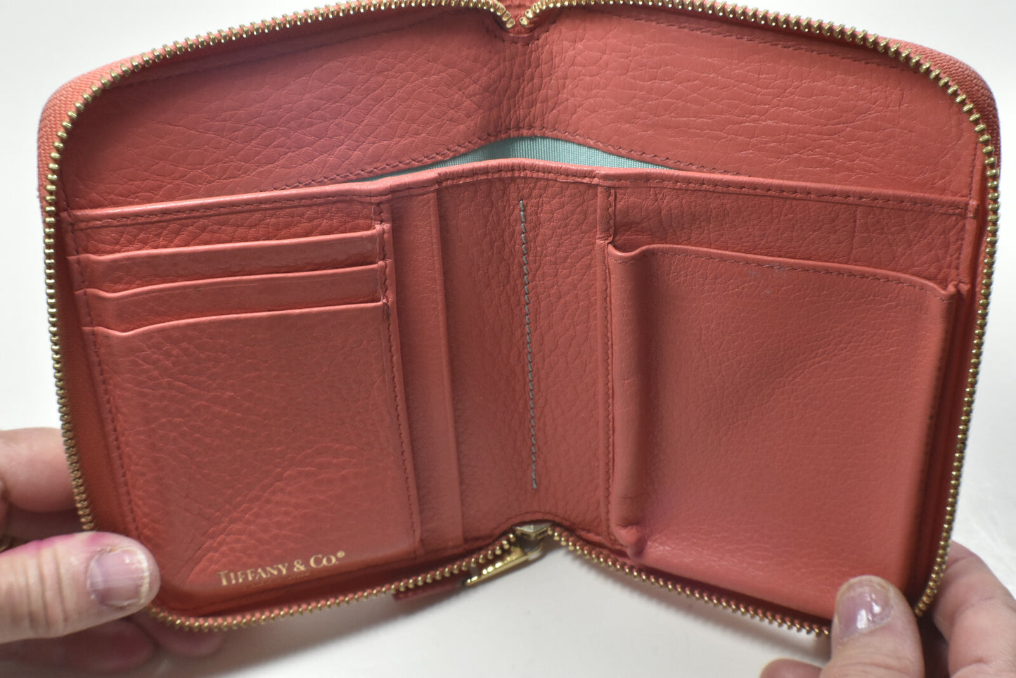 Tiffany & Co Orange Grain Leather Zip Around Wallet w/ Box & Ribbon Etc VGC