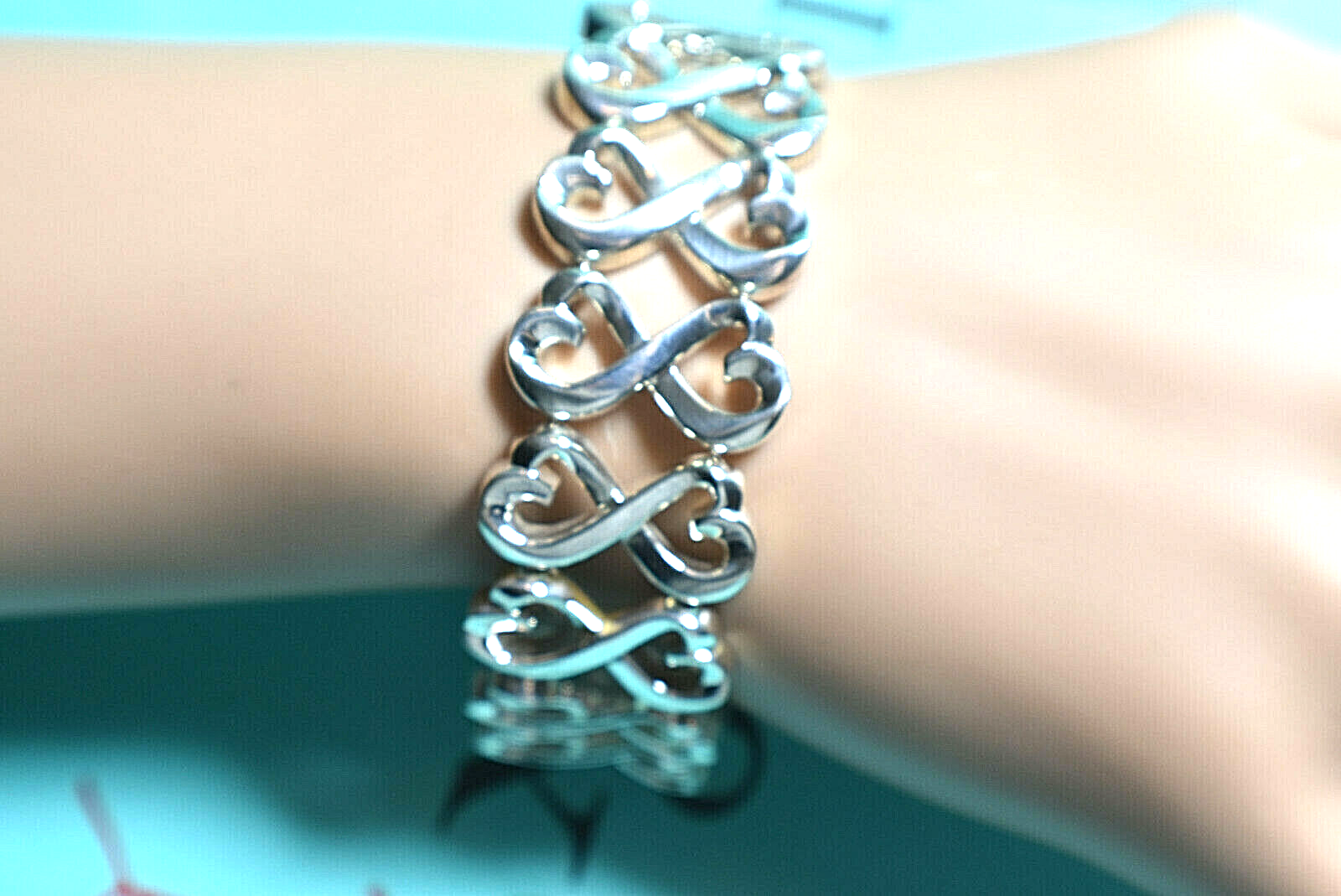 RARE Tiffany & Co Double Loving Hearts Bracelet Silver WIDE Pouch & Box