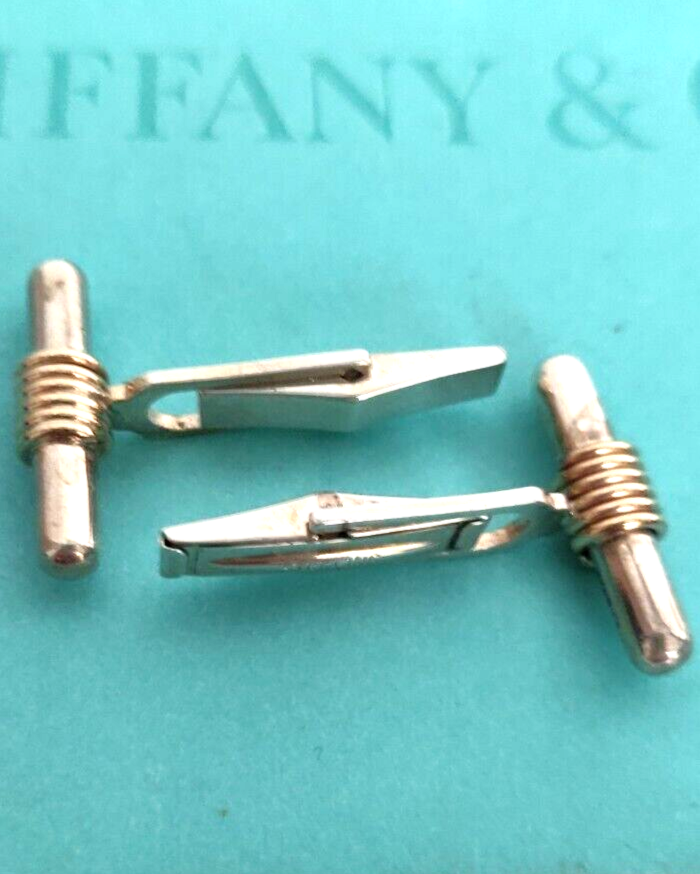 Tiffany & Co Cufflinks Silver & Gold Bar Cuff Links & Pouch