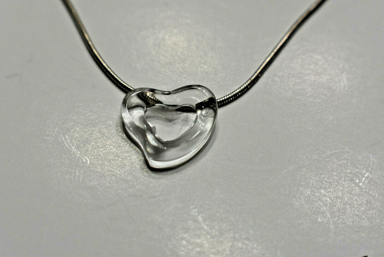 Tiffany & Co Rock Crystal Hand Carved Open Heart SS Peretti Pendant Necklace
