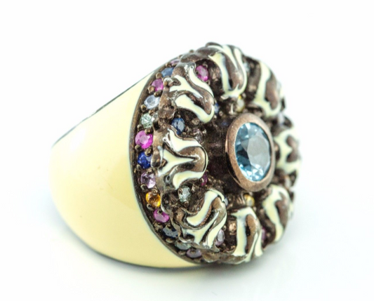 MCL Matthew Campbell Laurenza Multi Color Sapphire Enamel Flower Ring Sz 5.5