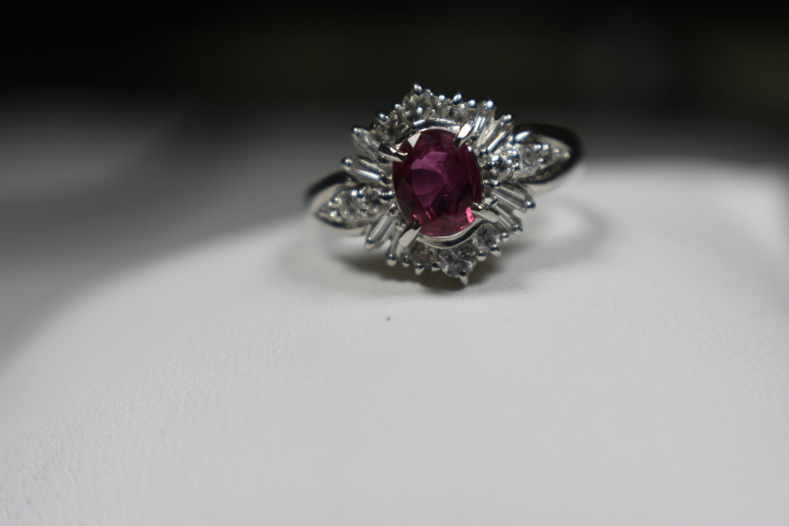 Platinum Ruby Cocktail Engagement Ring 1.30ct G-H Diamond Baguettes Sizable 5.5