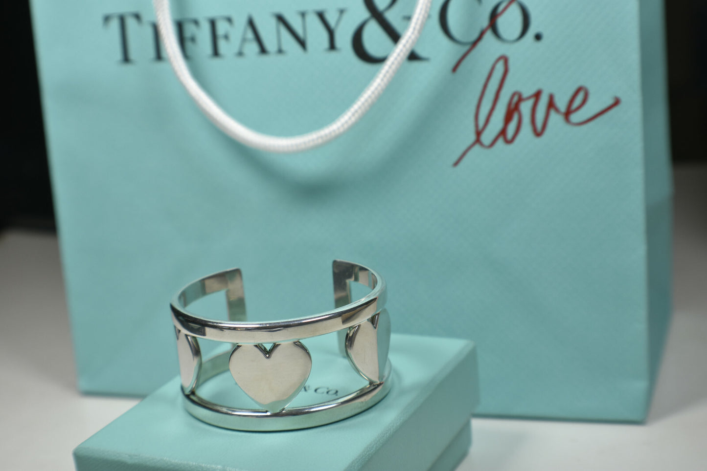 Tiffany &Co Silver Stencil Heart Wide Element Cuff Bangle Bracelet w/ Pouch, Box