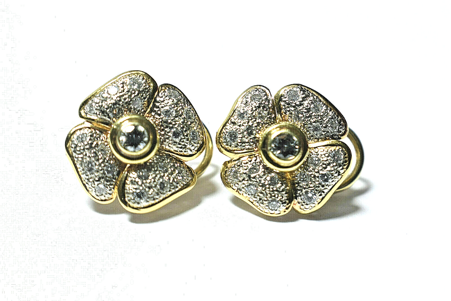 1ct Diamond 14K 2-Tone Gold 4 Leaf Clover Designer Flower Earrings 9 Gram FG VS1