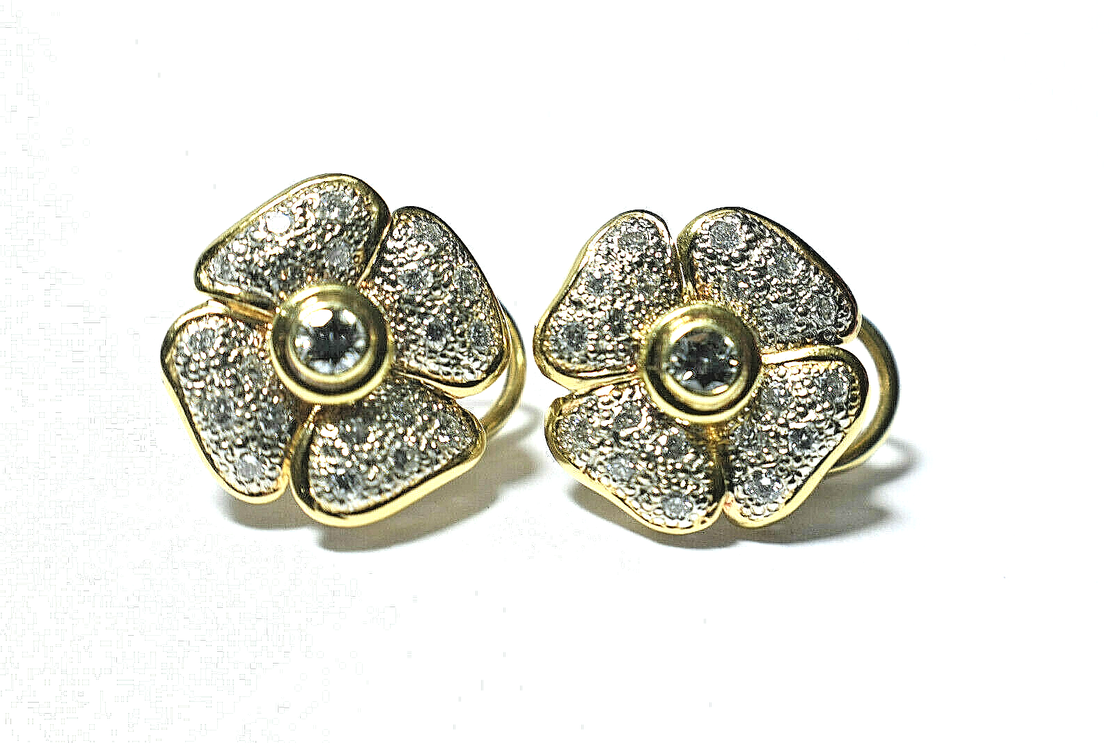 1ct Diamond 14K 2-Tone Gold 4 Leaf Clover Designer Flower Earrings 9 Gram FG VS1