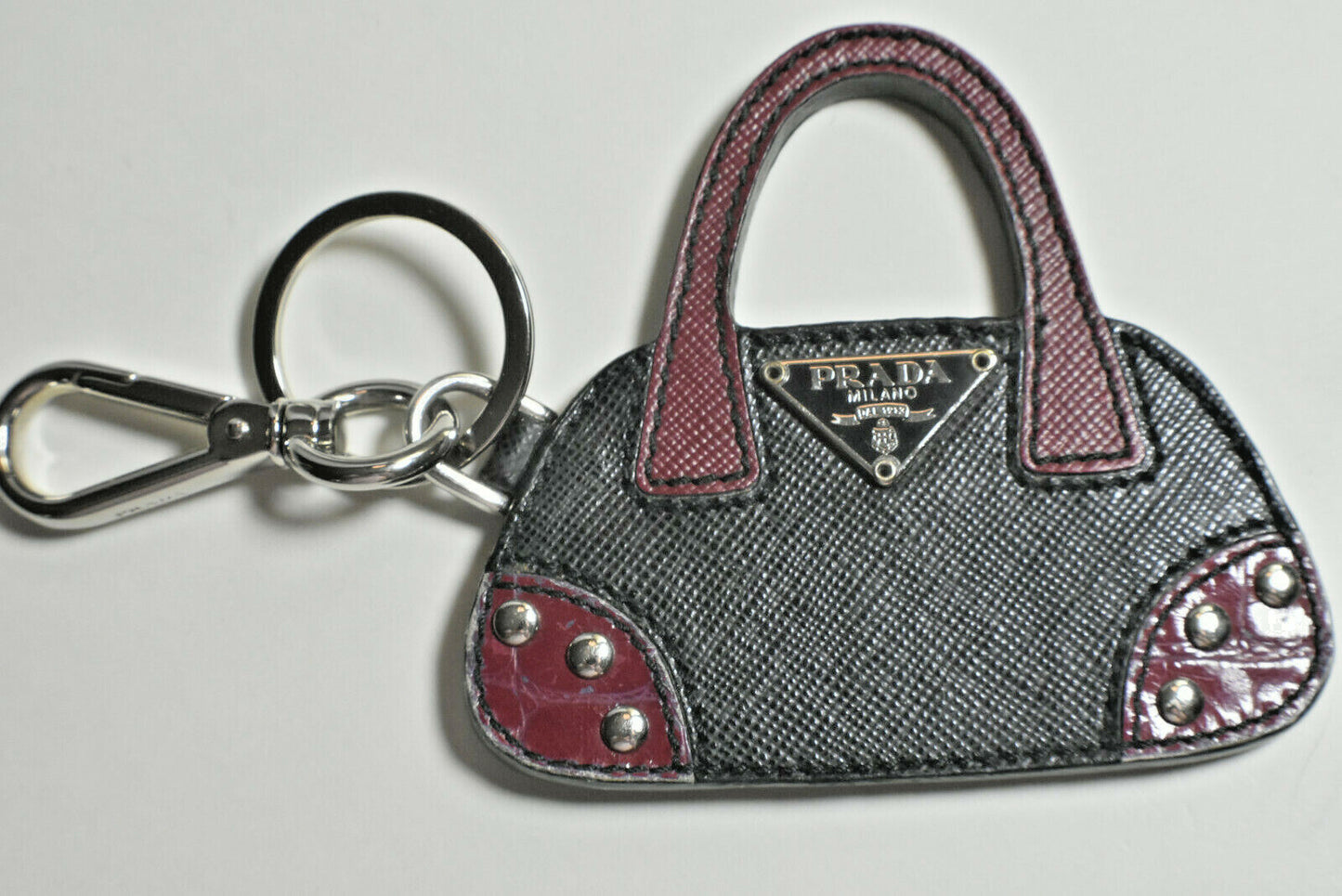Prada HandBag Charm, Key Ring, Purse Fob. Leather & Silver, Never Used