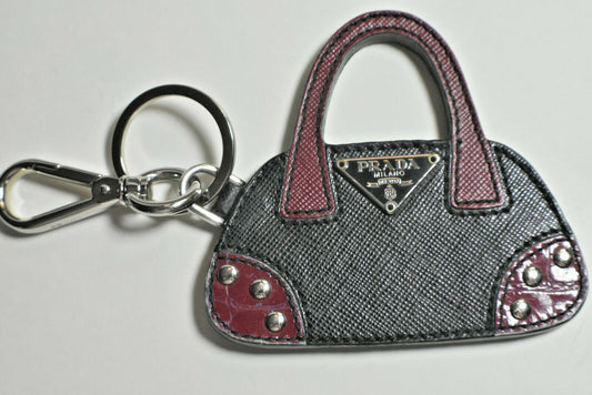 Prada HandBag Charm, Key Ring, Purse Fob. Leather & Silver, Never Used