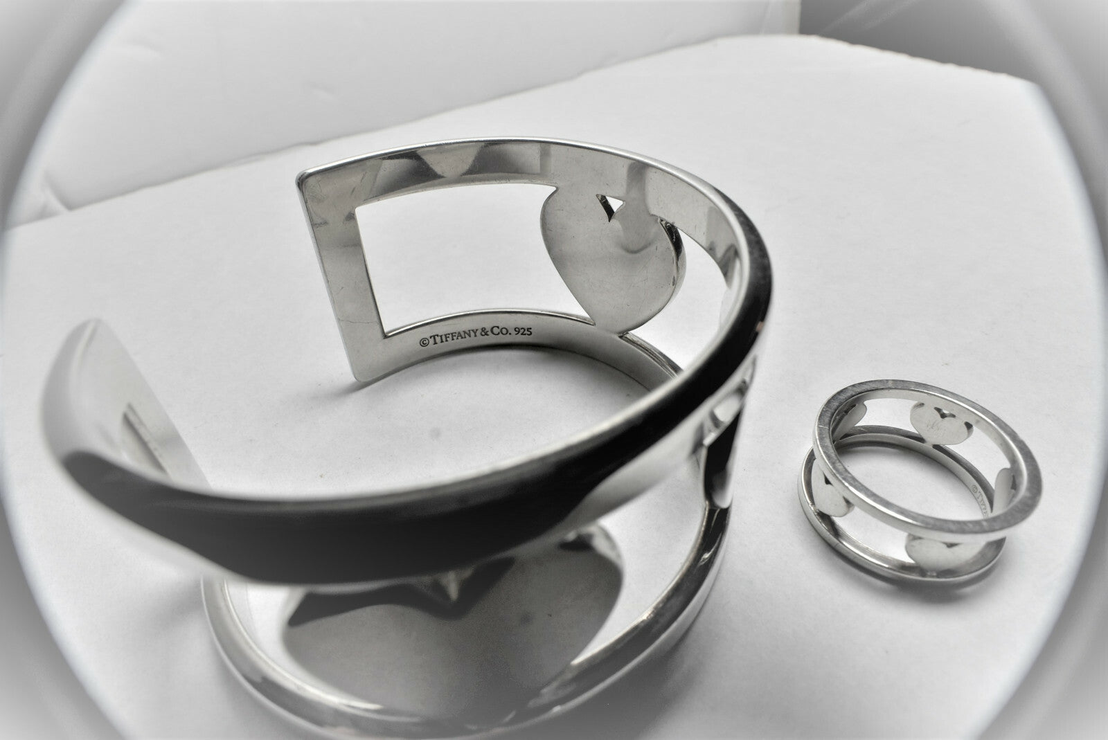 Tiffany &Co Silver Stencil Heart Wide Element Cuff Bangle Bracelet w/ Pouch, Box