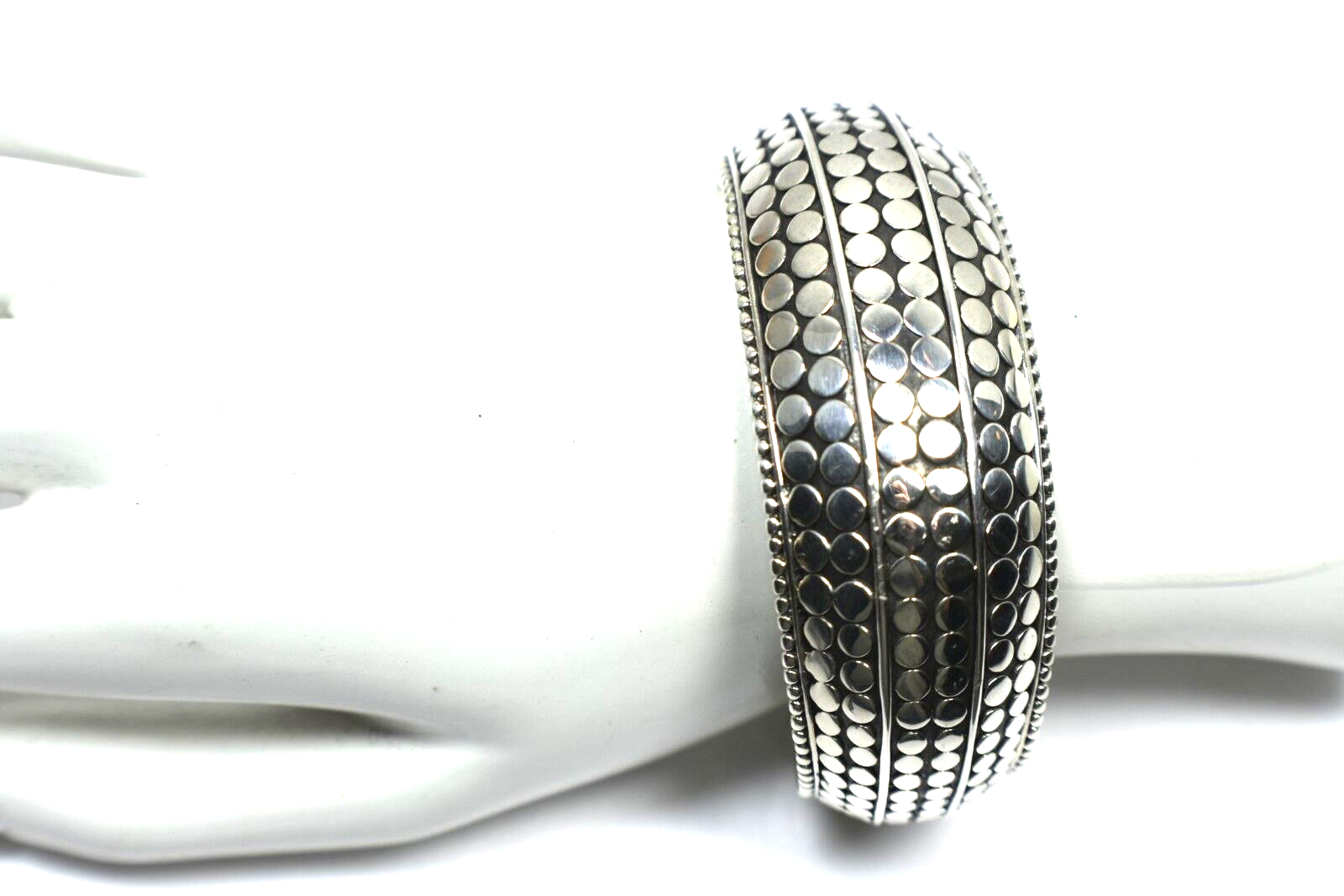 John Hardy Kick Cuff Bangle Dot Bracelet, Wide, Hinged Sterling Silver & Box