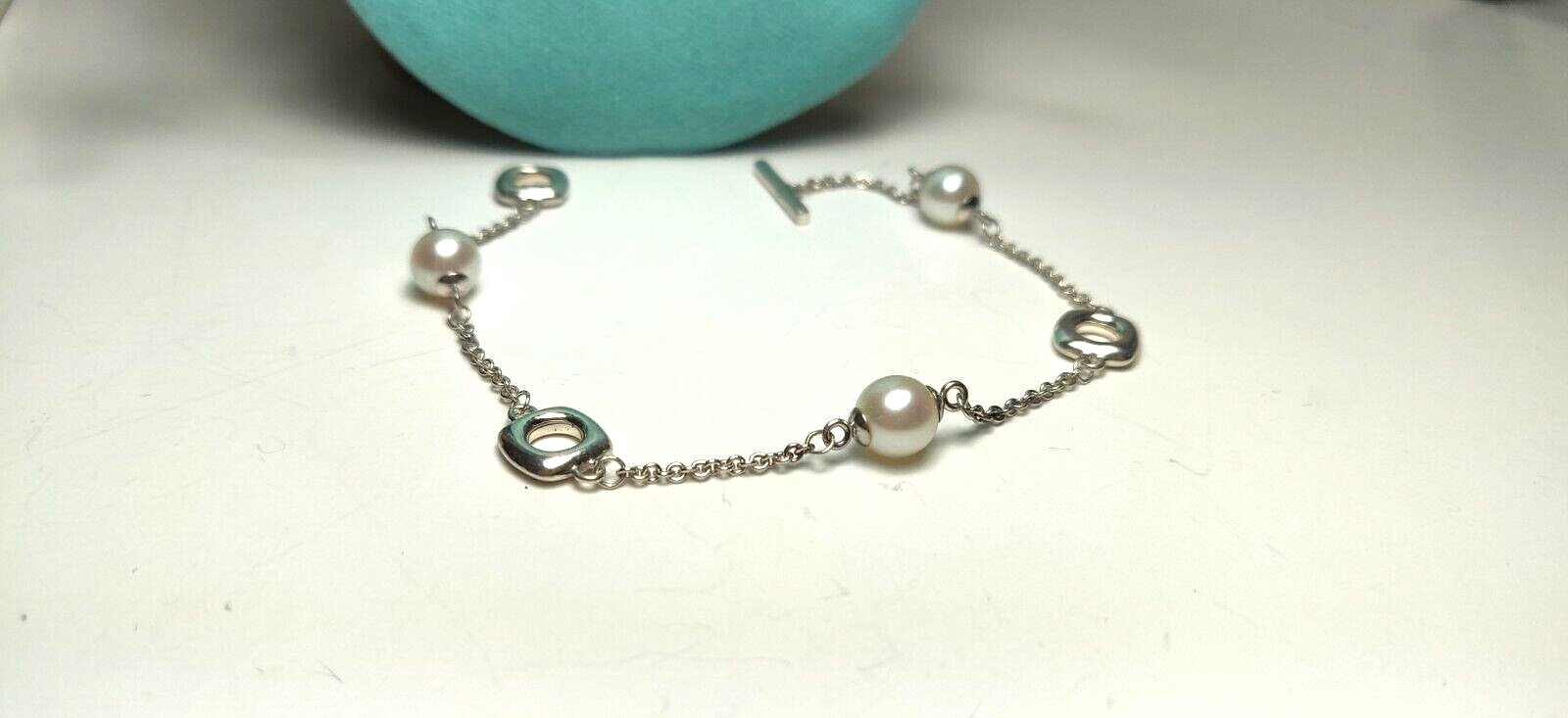 Vintage Tiffany &Co Akoya Pearls Cushion Toggle Silver Bracelet 7" Rare
