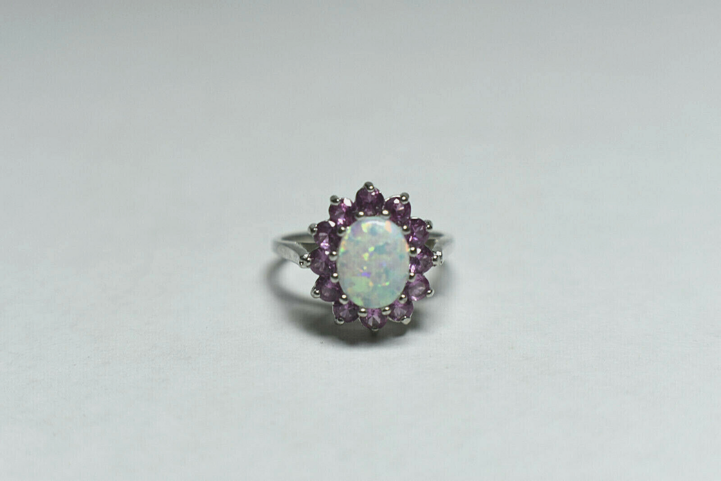 Large Opal & Pink Tourmaline Halo Cluster Cocktail Birthstone Ring Sizable 7.5