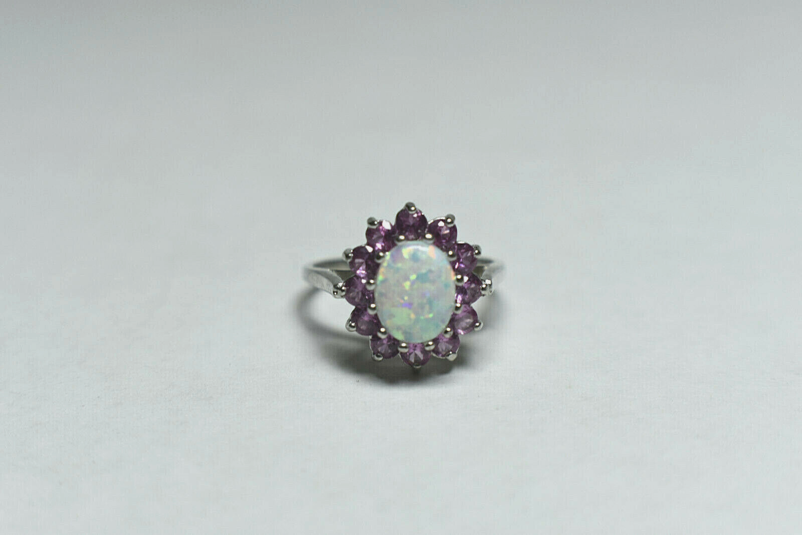 Large Opal & Pink Tourmaline Halo Cluster Cocktail Birthstone Ring Sizable 7.5