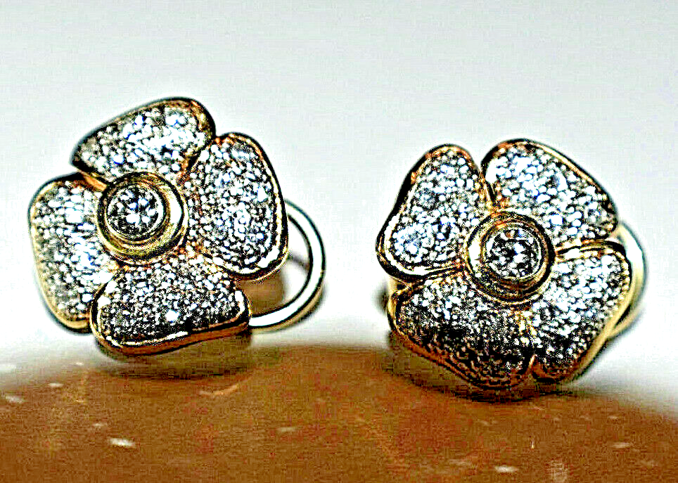 1ct Diamond 14K 2-Tone Gold 4 Leaf Clover Designer Flower Earrings 9 Gram FG VS1