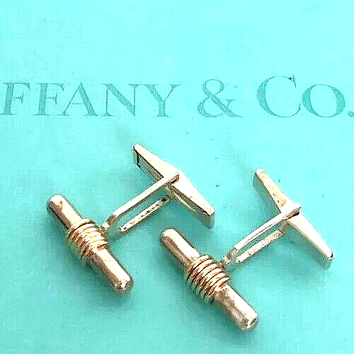 Tiffany & Co Silver & Gold Bar Cuff Links & Pouch Vintage Cufflinks