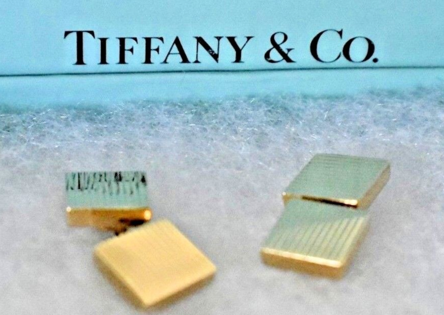 Tiffany & Co Cufflinks Cuff Links Rare Textured 14K Gold Square Ribbed & Pouch