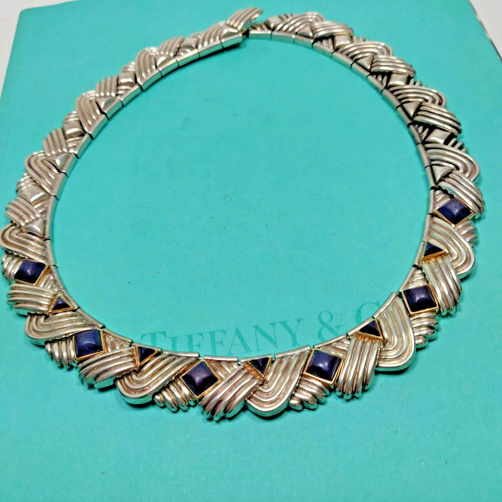 Tiffany &Co Lapis Lazuli Rare Vintage Necklace Gold & Sterling Silver 18"
