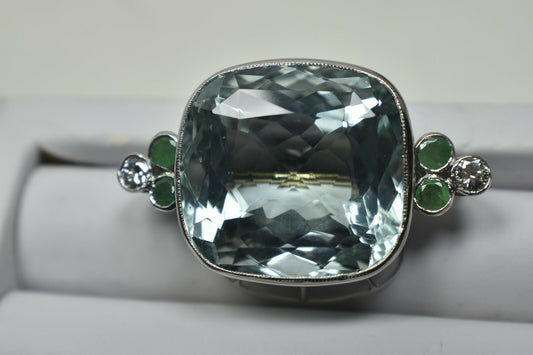 Tiffany & Co 50ct Aquamarine, Diamond, Emerald Platinum Brooch Pin Vintage Rare