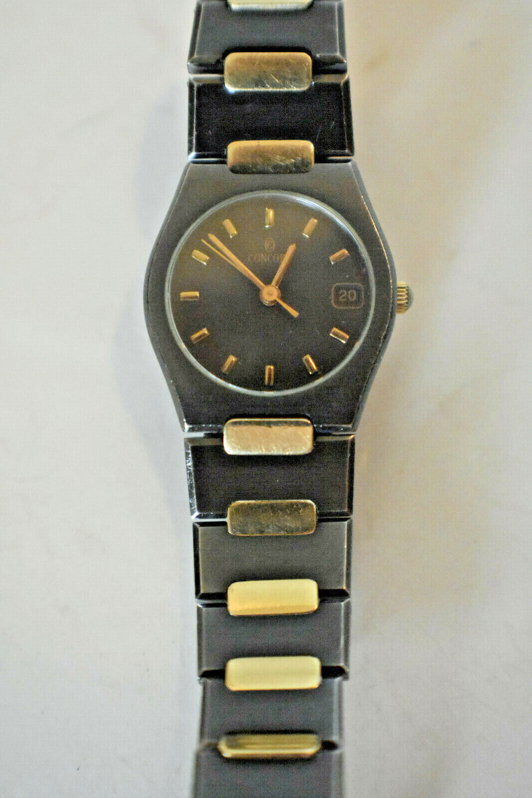 Ladies Concord 18K Gold Plate & Black SS Swiss Date Watch, Boxed, 23mm Rare