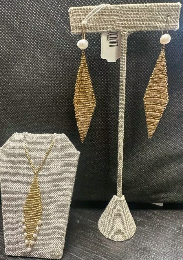 SET -Tiffany & Co 18K Gold Mesh Fringe Necklace & Earrings Pearls, Diamond Shape