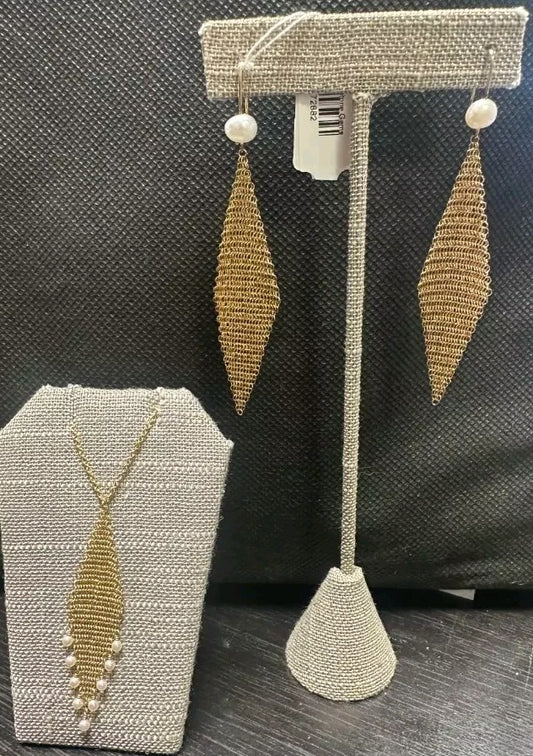 SET -Tiffany & Co 18K Gold Mesh Fringe Necklace & Earrings Pearls, Diamond Shape