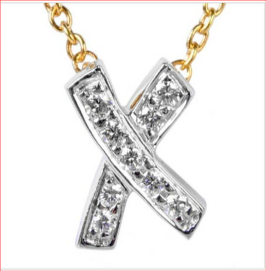 VintageTiffany & Co Platinum Diamond Signature X 18K Gold Necklace, Suede Box