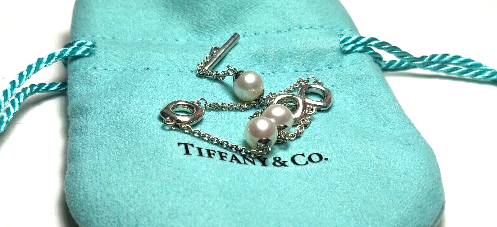 Vintage Tiffany &Co Akoya Pearls Cushion Toggle Silver Bracelet 7" Rare