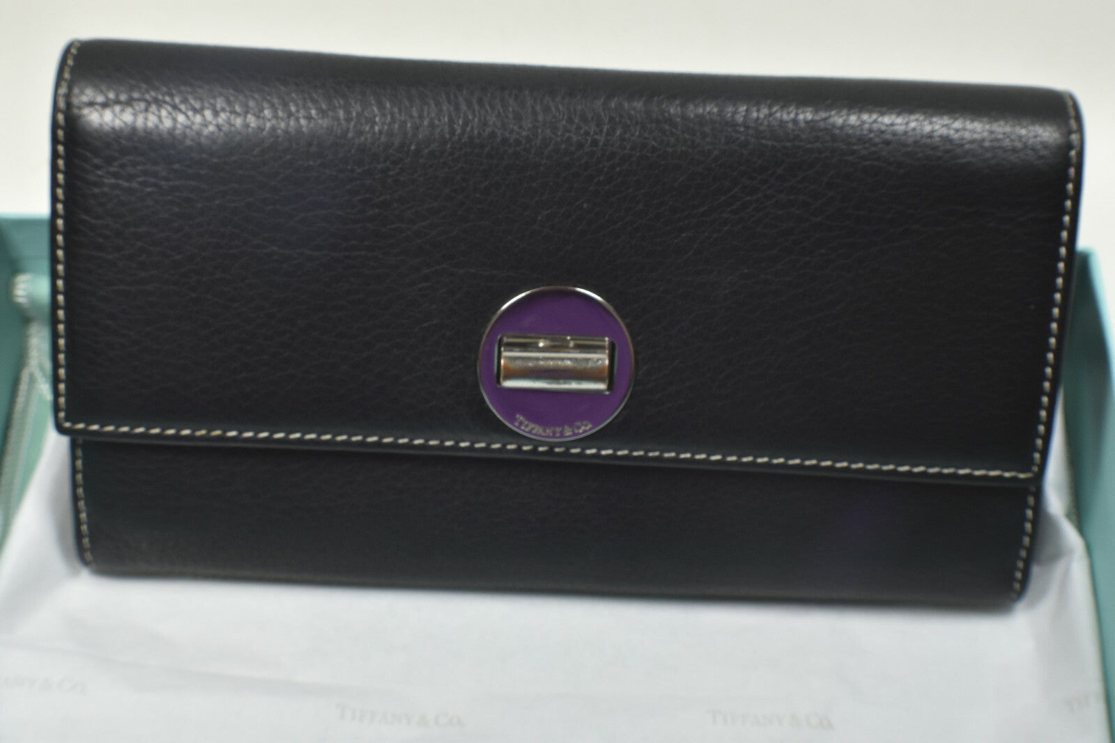 Tiffany & Co Wallet Continental Black & Blue Leather Manhattan Collection VGC
