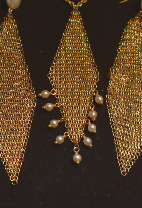 SET -Tiffany & Co 18K Gold Mesh Fringe Necklace & Earrings Pearls, Diamond Shape