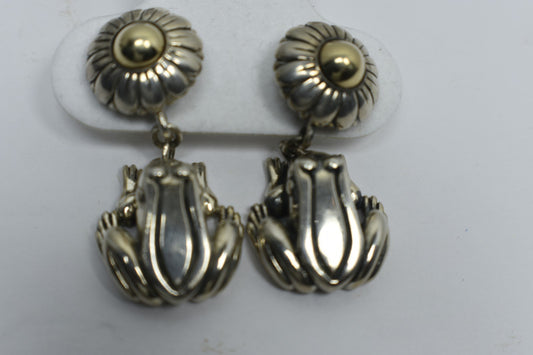 Kieselstein Cord Frog Flower Earrings 14K Gold & Sterling Silver Pierced