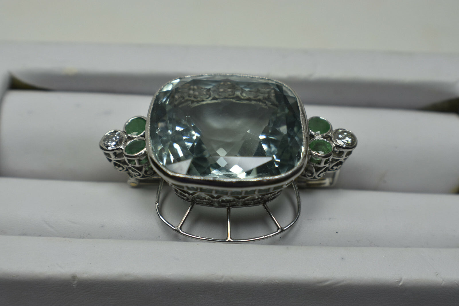 Tiffany & Co 50ct Aquamarine, Diamond, Emerald Platinum Brooch Pin Vintage Rare