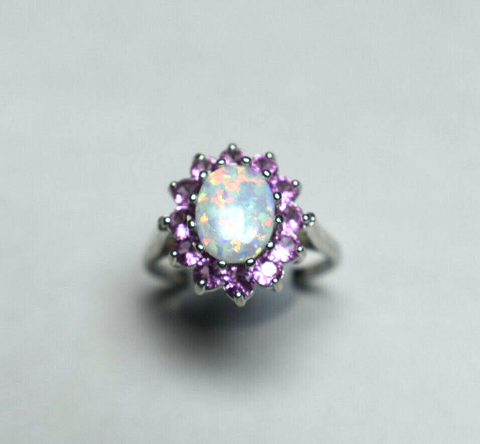 Large Opal & Pink Tourmaline Halo Cluster Cocktail Birthstone Ring Sizable 7.5