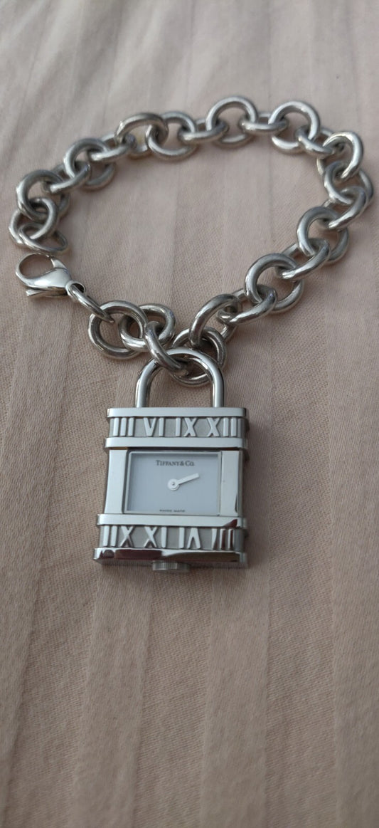 NEW! Tiffany & Co Atlas Lock Swiss Watch Charm Link Bracelet Sterling Silver