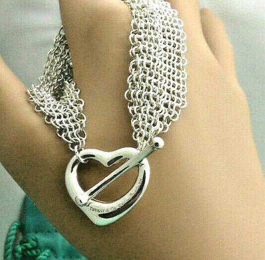 Tiffany & Co Silver Elsa Peretti Open Heart Mesh Toggle Bracelet Pouch & Box