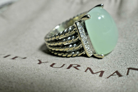 David Yurman Chalcedony Diamond 16 x12mm Wheaton Ring Sterling Silver & Pouch