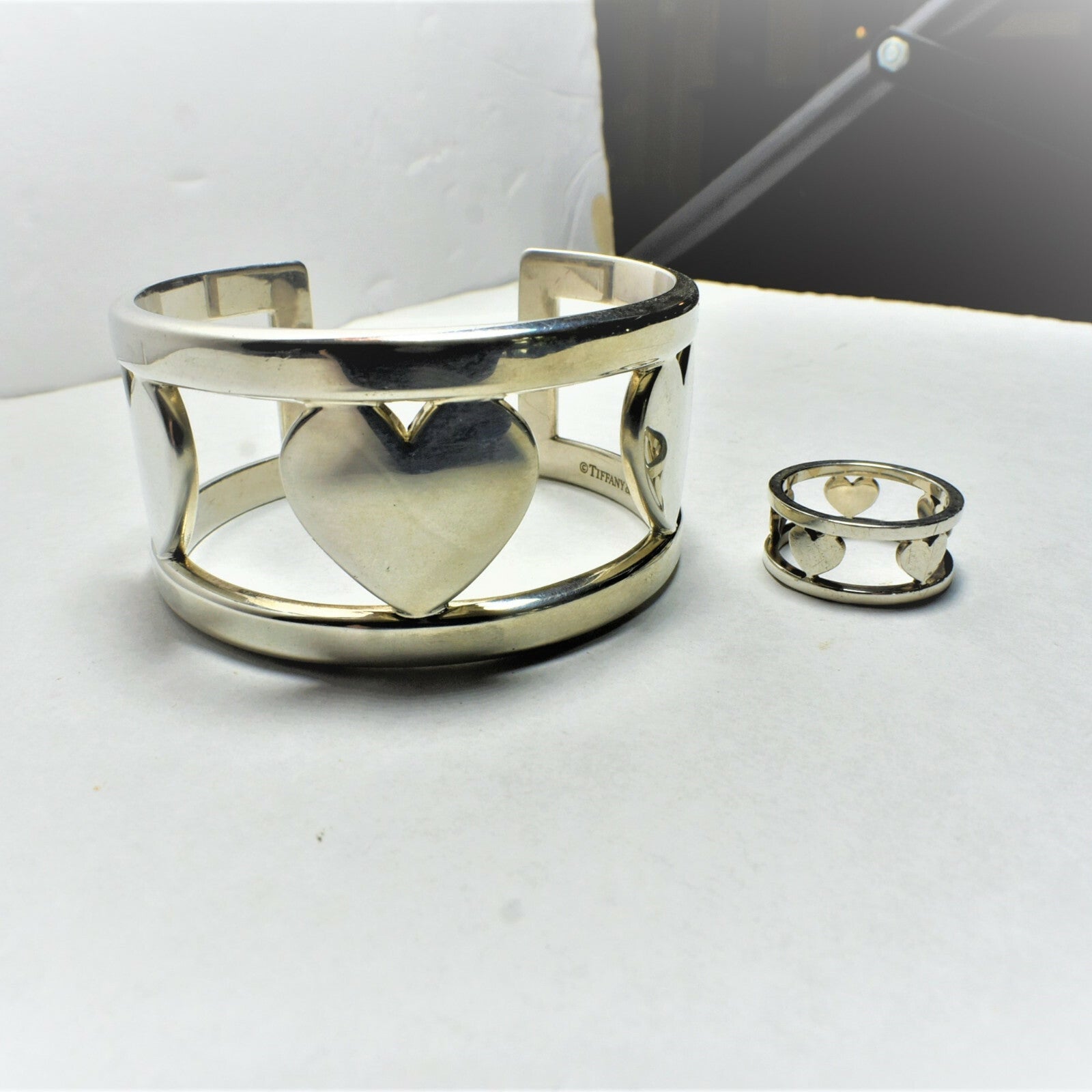 Tiffany & Co Double Loving Heart Wide Cuff Bangle Bracelet w/ Pouch, Box