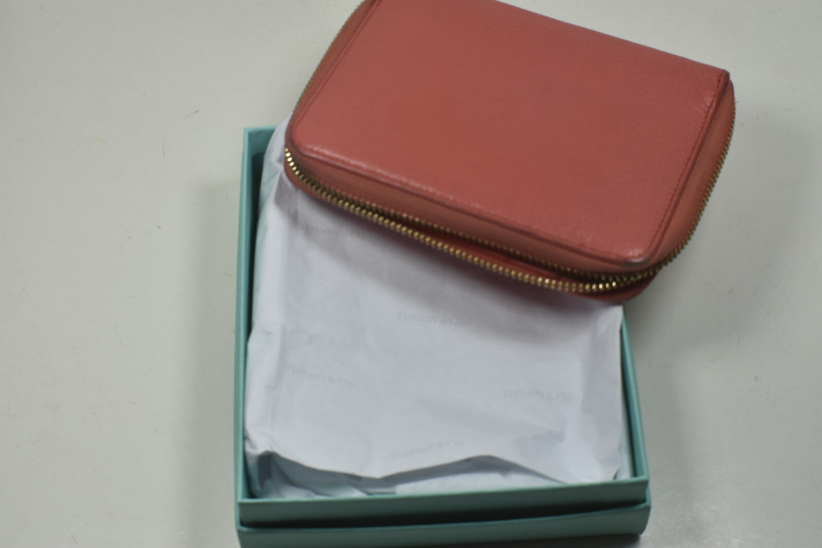 Tiffany & Co Orange Grain Leather Zip Around Wallet w/ Box & Ribbon Etc VGC