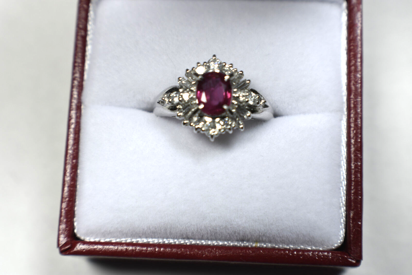 Platinum Ruby Cocktail Engagement Ring 1.30ct G-H Diamond Baguettes Sizable 5.5