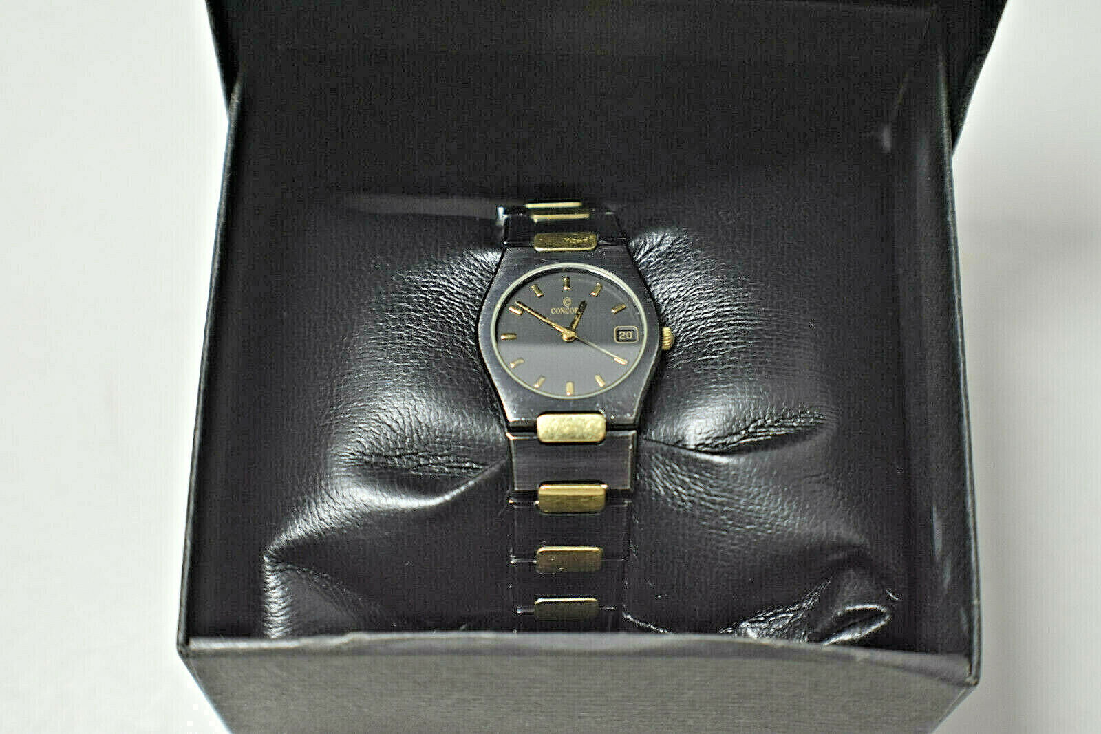 RARE Ladies Concord 18K Gold Gun Metal Black SS Swiss Date Watch w/ Box