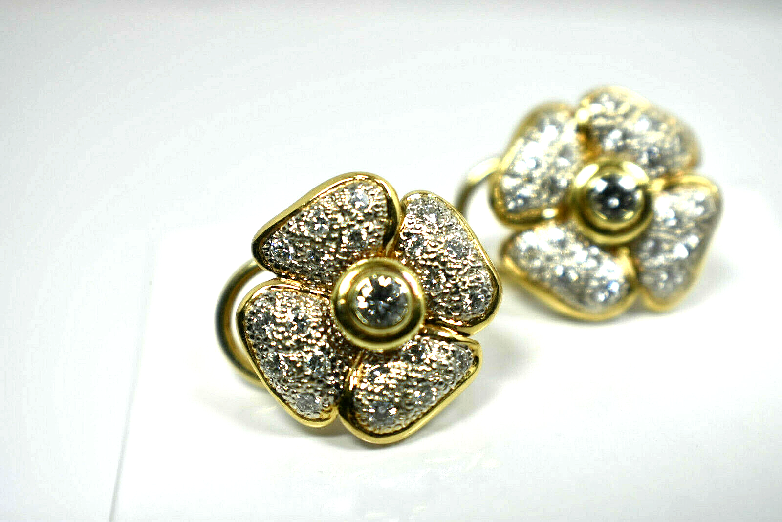 1ct Diamond 14K 2-Tone Gold 4 Leaf Clover Designer Flower Earrings 9 Gram FG VS1