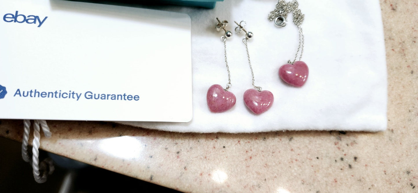 TIFFANY & CO. Heart Carved Pink Rhodonite Necklace & Dangle Earrings Set