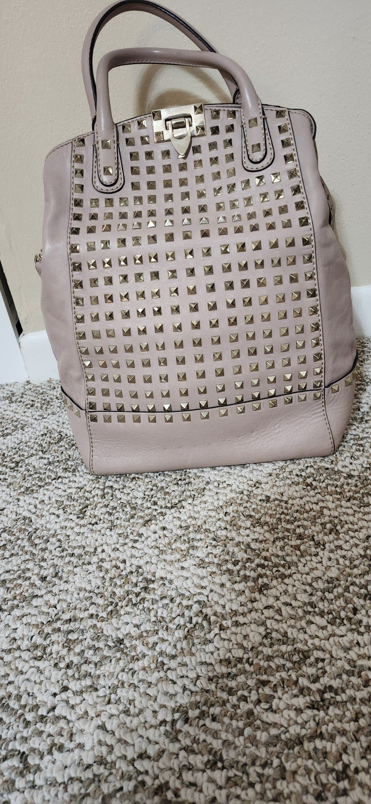  Valentino G Tan Rockstud Lambskin Leather Tote Satchel With Handles