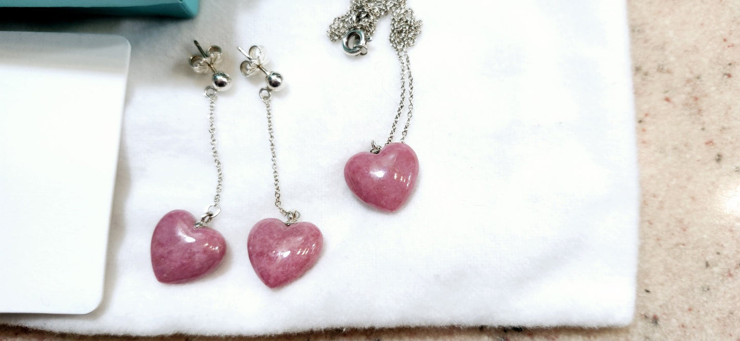 TIFFANY & CO. Heart Carved Pink Rhodonite Necklace & Dangle Earrings Set