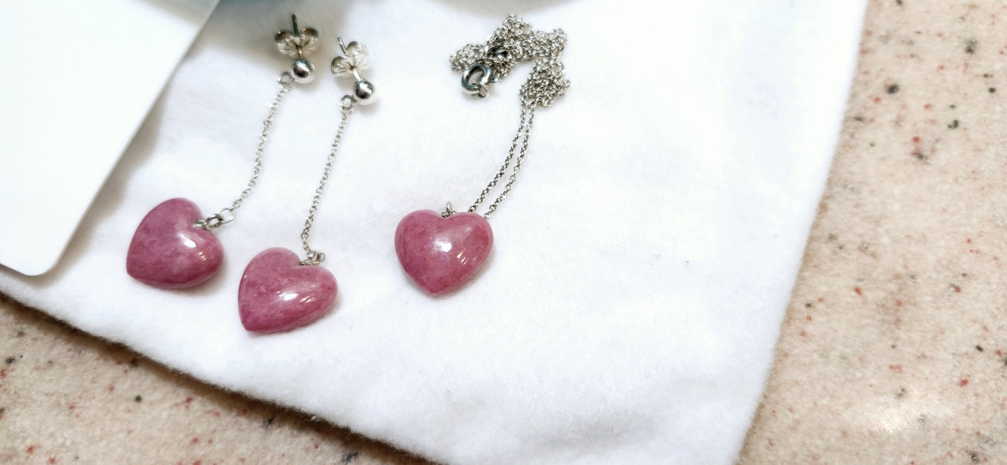 TIFFANY & CO. Heart Carved Pink Rhodonite Necklace & Dangle Earrings Set